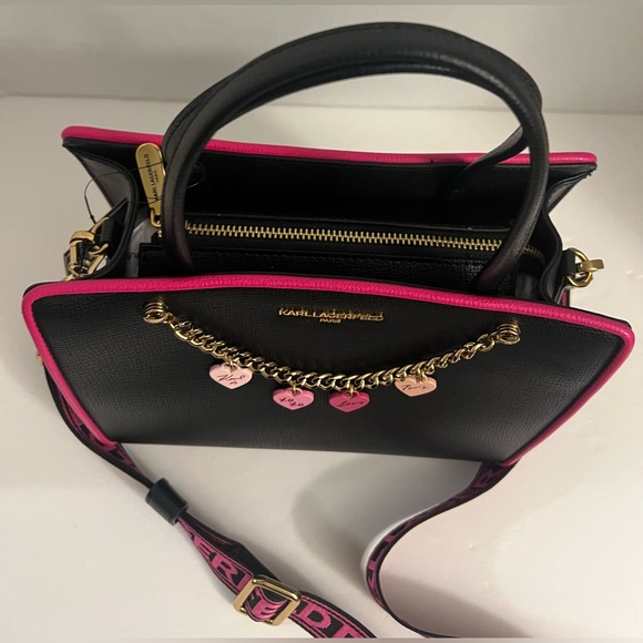 New KARL KAHERFEKD PARIS BLACK FUSCHIA LOVE STYLE CROSSBODY BAG - Picture 13 of 16